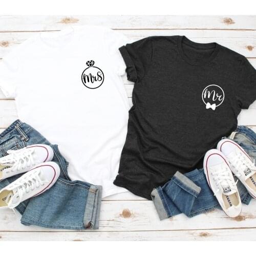 Mr and Mrs Couple Matching Pocket T-shirt 100% Cotton Valentines Day Gift Tshirt for Women Unisex Graphic Honeymoon Tees Tops