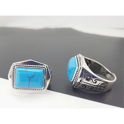 Mens Silver Ring S925 Sterling Silver Ring for Man Fashion Domineering Vajra inlaid turquoise ring Thai silver Jewelry Gifts