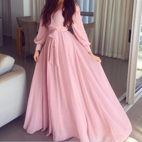 New Arrival V Neck Chiffon Draped Wedding Party Dresses Long Sleeves Pink Prom Dress Bridesmaid Dresses