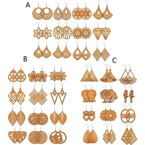 12 Pairs African Wooden Drop Earrings Bohemian Pendant Dangle Earrings Lightweight Ethnic Style Wood Earrings for Women