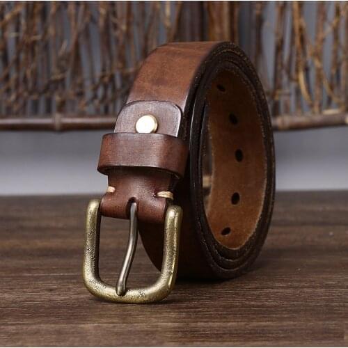 3.5cm Width Vintage Luxury Handmade Genuine Leather Copper Buckle Mans Belt Cowhide Retro All-match Casual Jeans Soft Belt