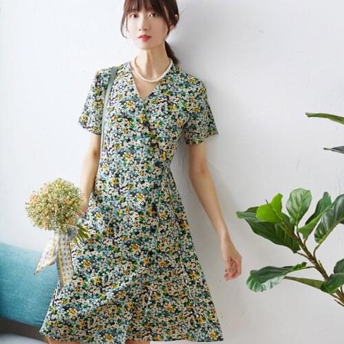 Silk floral all New over the sky star printing short sleeve v neck floral dress