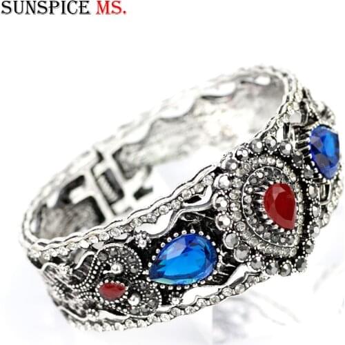 Sunspicems Turkish Cuff Bracelet Jewelry for Women Ethnic Banquet Wedding Bangle Antique Gold Silver Color Holiday Gifts 2020