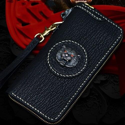 High-grade Shark Skin Cowhide Hand-made Black Long Tiger Head Wallets Purses Women Men Clutch Genuine Leather Card Holder