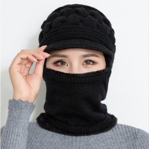 Female Winter Neck One Wool Cap Winter Warm Knitted Rabbit Hair Plus Warm Protective Hat Women Cap Protection Face Neck Scarf