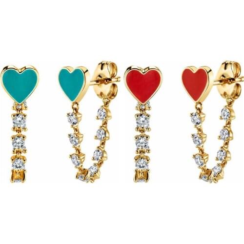 925 Silver Ear Needle Heart-shaped Chain Stud Earrings For Women Red Blue Color Crystal Pendant Earring Korean Fashion Jewelry