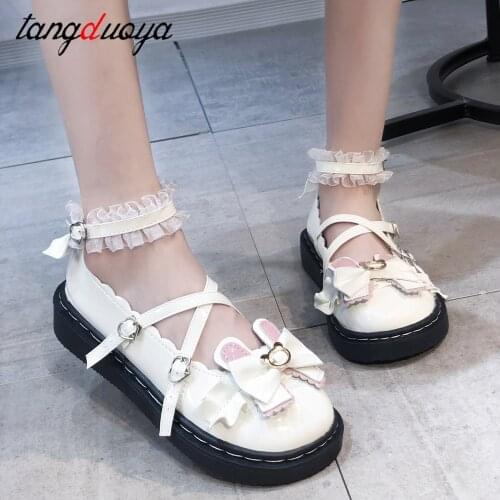 Sweet Lolita Shoes women Harajuku Cute shoes lolita shoes bow pink white shoes Loli Round Head Women Shoes Princess 2021