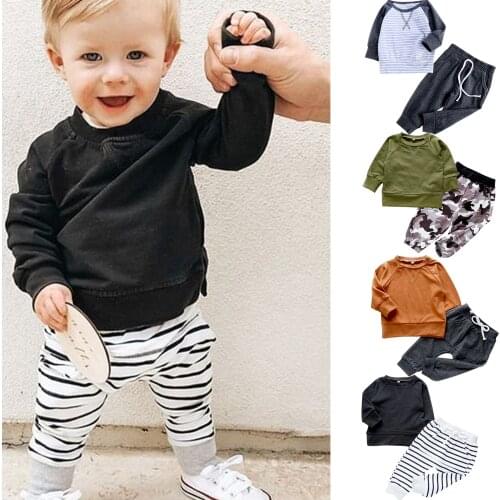 0-24M) Baby suit winter fashion simple long-sleeved cartoon solid color top + camouflage striped pants suit для новорожденных