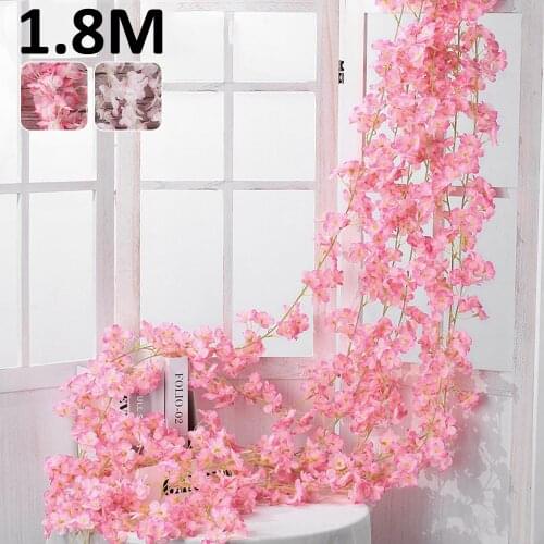 1.8m Artificial Cherry Blossoms Rattan Fake Flower Garland Blossom Ivy Vine Silk Sakura String Hanging Wedding Party Home Decor
