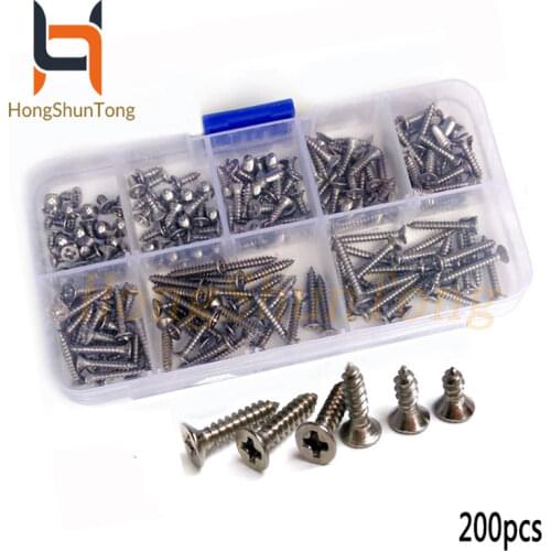 200Pcs M3 304 Stainless Steel Flat Head Screws High strength Self-Tapping Phillip Screws set Assortment Set For Wood Furniture