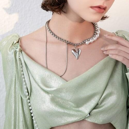 Lifefontier Kop Big Heart Pendant Pearl Chain Necklace Silver Color Metal Snake Chain Necklaces for Women Men Couple Jewelry