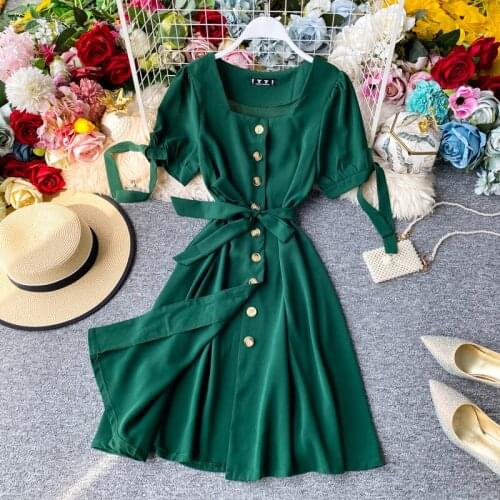 Elegant Square Collar Dress Short Sleeve Summer New Single Breasted Lace-up Slim Solid Color A- Line Midi Dresses