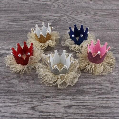 30pcs/lot 5colors Newborn 3D Felt Baby Crown+Chiffon Flower for Girls Hair Accessories Glitter Felt Crown For First Birthday Hat
