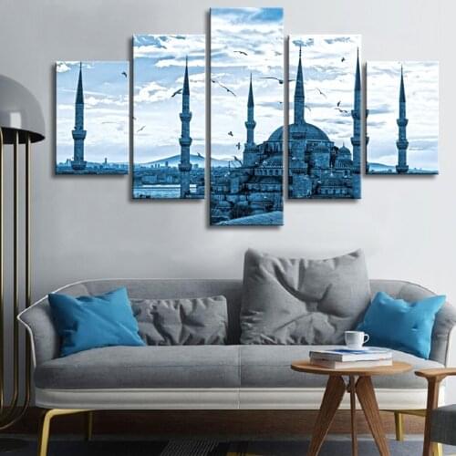 Islamic Mosque Buildings Seagull Wall Art 5 Pieces Islamic Wall Art Landscape Canvas Print Paintings Poster Living Room Decor