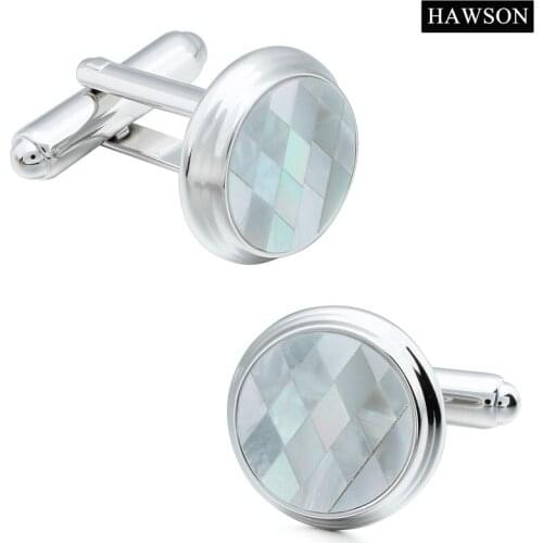 HAWSON Classic Mother of Pearl Cufflinks Round Rhodium Plated Stone Cuff Links High Quality Luxury Mens Cuff Button