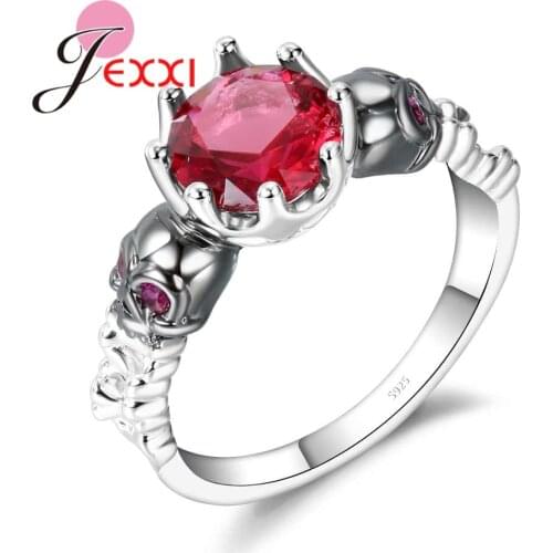 Punk Style Red Austrian Crystal Skull Rings For Women Girls Party Accessory 925 Sterling Silver Finger Ring Bands Jewelry