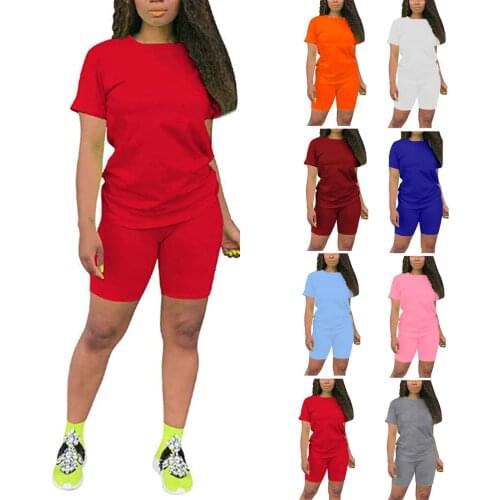 2 Pieces Suit Tracksuit Clothes Female Solid Color Short Sleeve Tops Long Skinny Shorts Sets Sportswear For Summer Female#G30