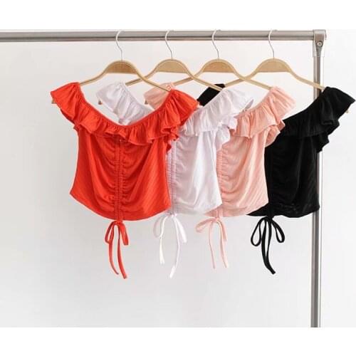 Summer T-shirt 2021 New Word collar Wood Ears Strapless Puff Sleeve Short Tops Womens T-shirt