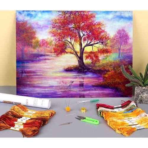 Natural Scenery Autumn Waters Printed Canvas 11CT Cross Stitch Complete Kit Embroidery DMC Threads Painting Package