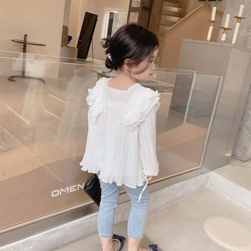 2021 Autumn New Korean Style Girls' White Doll Collar Chiffon Long-Sleeved Shirt Childrens Children Shirt