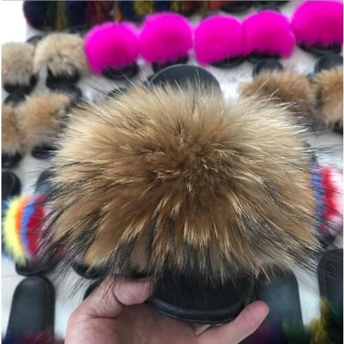 Wholesale 100% Real Fox Slippers Kids Winter Fur Child Home Slides Girls sliders Raccoon Fluffy Chinelo Flats Beach Summer