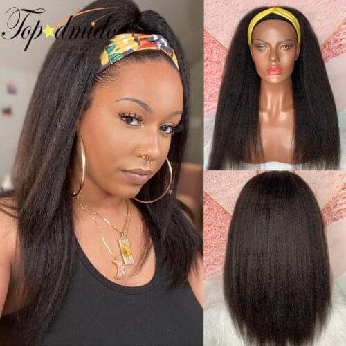 Topodmido Human Hair Headband Wig for Women Natural Color Kinky Straight Hair Wigs 150% Density Brazilian Remy Human Hair Wigs