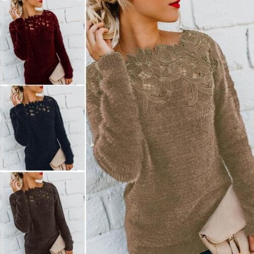 Women Solid Color Long Sleeve O Neck Floral Lace Patchwork Pullover Sweater warm loose knitted pullover sweater ladies