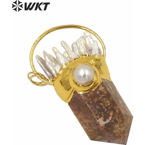 WT-P1586 Luxury brown a-gate stone necklace pendant cystal energy quartz point with gold eletroplated women pendant