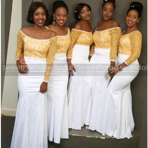 Mermaid Long Sleeves Bridesmaid Dresses Gold Yellow Lace Top and White Skirt Off Shoulder Maid Of Honor Dress Wedding Party