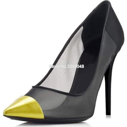 2019 Patchwork Mesh High Heels Pointed Toe Sexy Net Pumps Slip On Stilettos Party Dress Shoes Yellow Pointed Spring Autumn Shoe