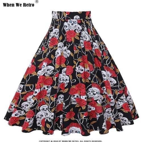 Retro Vintage Cotton Black Skirt VD0020 2020 Rose Floral Print jupe femme Rockabilly Ladies Women Skirt Skull Halloween Skirts