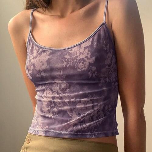 Vintage 2000s Floral Pattern Purple Crop Tops Y2K Aesthetics Summer Spaghetti Straped Backless Mesh Cami Cute Sleeveless