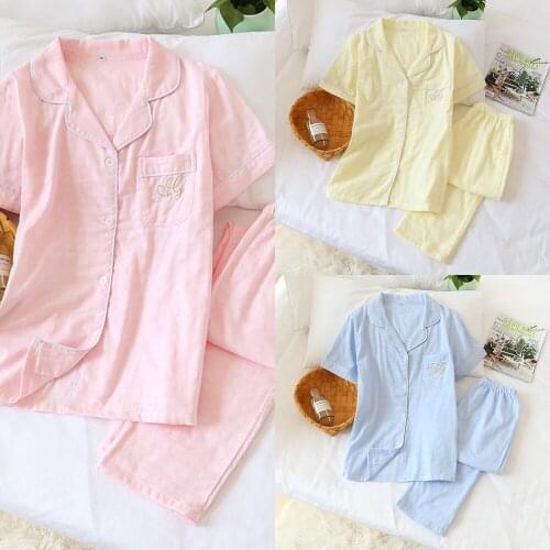 Japanese Spring and Summer Jacquard 100% Cotton Gauze Female Short-sleeved Trousers Home Service Suit Cotton Pure Color Thin