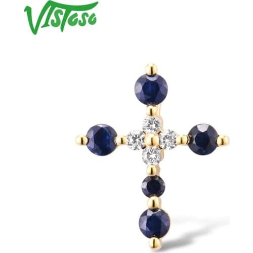 VISTOSO Gold Pendants For Women Authentic 14K 585 Yellow Gold Cross Pendant Blue Sapphire White Sapphire Elegant Fine Jewelry