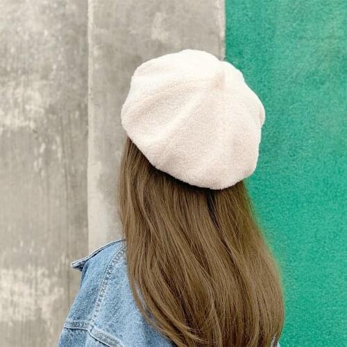 H3545 Women Beret Hat Female Autumn Winter Lamb Cashmere Warm Korean Painter Cap Japanese Newsboy Solid Color Casual Simple Hats