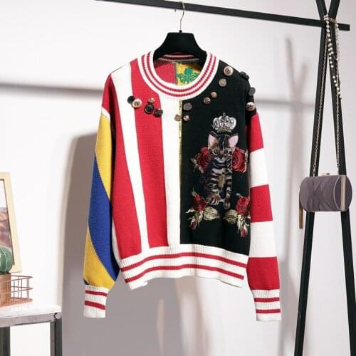 Sweety WomenS Tracksuits Set Striped Button Animal Printed Sweater+ Loose Knitted Pants 2 Piece Sets