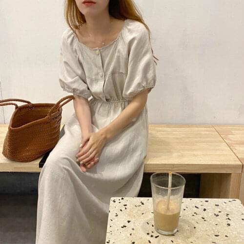 Women Summer Vintage Square Collar Long Shirt Dress Elastic High Waist Large Hem Midi Dresses Revealed Thread
