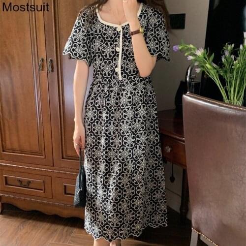 Summer Embroidered Vintage Women Dress Short Sleeve Squre Collar Buttons Midi Dresses Korean Elegant Party Female Vestidos