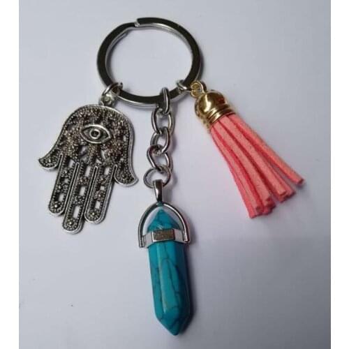 1 PC Fashion Natural Stone Pendant Keychain Natural Quartz Stone Evil Eye Fatima PU tassel Pink Crystal Key Chains Jewelry gift