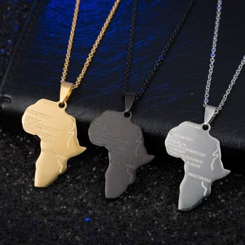 10pcs)2018 Fashion Punk Africa Necklace Gift Gold Color Pendant & Chain African Map Men/Women Trendy Stainless Steel Jewelry