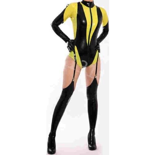 100% Rubber Latex Gummi Ganzanzug Black and Yellow Bodysuit Catsuit Zentai Stockings Suit XXS-XXL