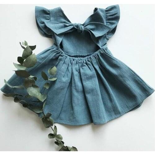 2021 Girls' Dress Summer New Back Split Deep V-neck Sleeveless Cotton and Linen Dress Bow Princess Party Dress European American