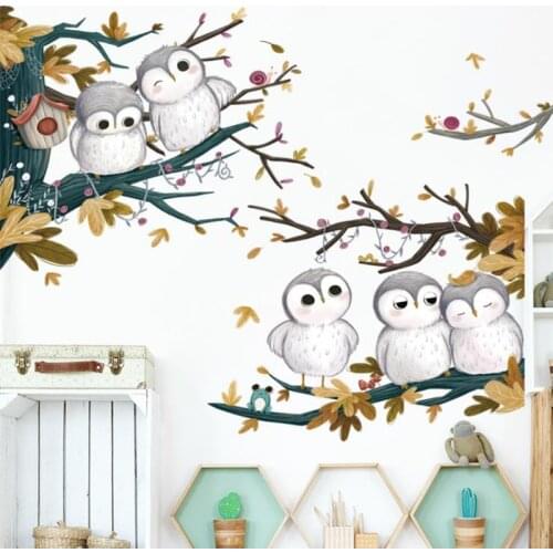 2021 Cartoon Animals Owl Family Tree Wall Stickers for Kids Rooms Living Room Bedroom Home Decoration Removable PVC Sticker