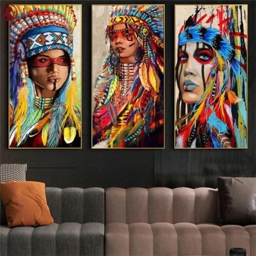 Diamond Embroidery Painted Indian woman with feathers Full Square round Diamond Mosaic Art Painting Cross Stitch Wall Decor3pcs