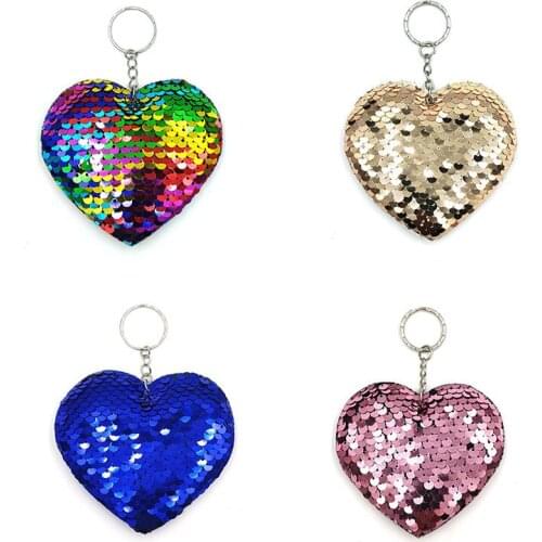 2PCS/Lot Reflective Multicolor Shiny Heart Shape Sequin Pendant Keychain INS Geometric Ladies Bag Jeans Car Jewelry Accessories