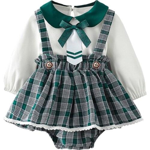 2Pcs Baby Girls Korean Princess Dress 2Pcs Infant Green Plaid Vestidos Toddler Boutique Clothes Newborn Dress with Pullover