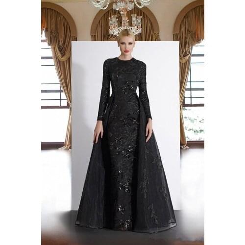 Black Muslim Evening Dresses Mermaid Long Sleeves Tulle Appliques Moroccan Kaftan Dubai Saudi Arabia Long Prom Dress Gown