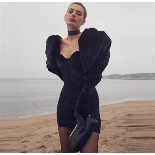 Elegant Long Puff Sleeve Bandage Dress Womens Black Strapless Sexy Dresses New Fashion Knitted Nightclub Party Mini Vestidos