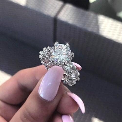 Fashion Geometry White Crystal Zircon Round Ring for Women Engagement Party Wedding Rings Jewelry Hand Accessories Size 5-11