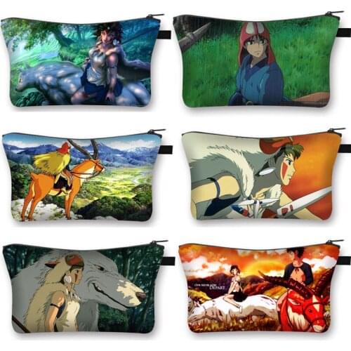 Japanese Anime Movie Ghost Princess Makeup Bag Mythical Animals Wolf Cute Cosmetic Woman Multifunction Travel Wash Bags Gift